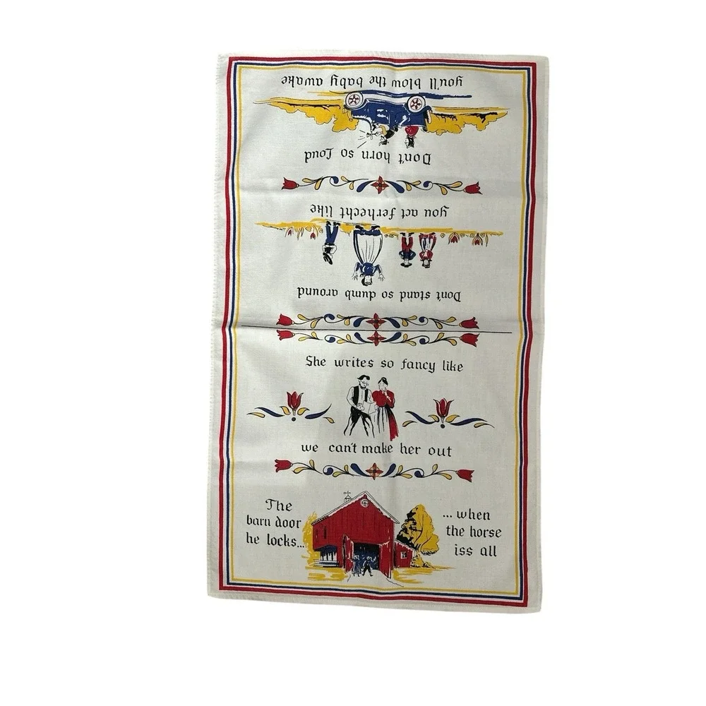 2 Hand Prints Linen Tea Towels Pennsylvania Dutch Amish Vintage 16